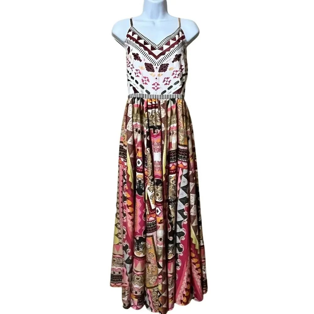 Boho Embroidered Smocked Maxi Dress Women's M Festival Geometric Hippie Resort - Picture 1 of 8